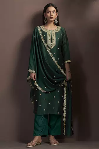 Green embroidered vichitra silk straight