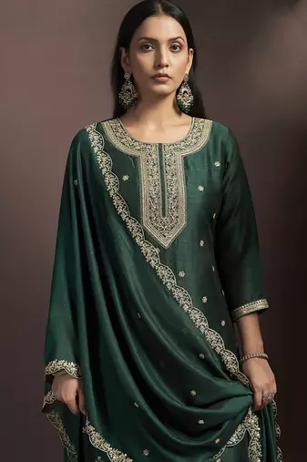 Green embroidered vichitra silk straight