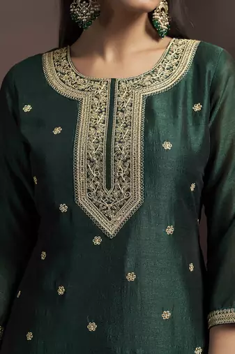 Green embroidered vichitra silk straight
