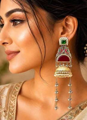 Green Red Meenakari Jhumka Earrings, Dual tone Long Indian Statement Earrings, Peacock Bridal Jewelry 1