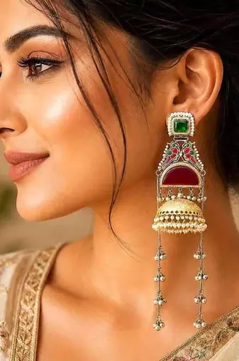 Green Red Meenakari Jhumka Earrings, Dual tone Long Indian Statement Earrings, Peacock Bridal Jewelry