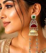 Green Red Meenakari Jhumka Earrings, Dual tone Long Indian Statement Earrings, Peacock Bridal Jewelry