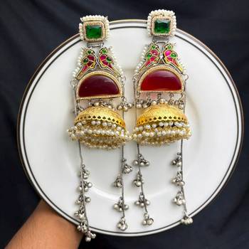 Green Red Meenakari Jhumka Earrings, Dual tone Long Indian Statement Earrings, Peacock Bridal Jewelry 2