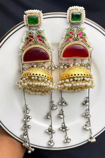 Green Red Meenakari Jhumka Earrings, Dual tone Long Indian Statement Earrings, Peacock Bridal Jewelry