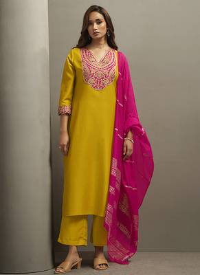 Yellow embroidered cotton blend straight 1