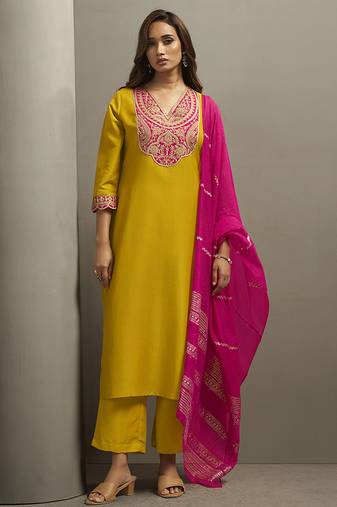Yellow embroidered cotton blend straight