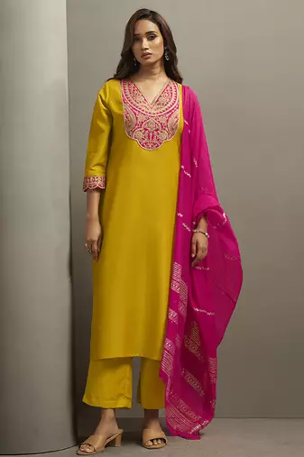 Yellow embroidered cotton blend straight