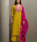 Yellow embroidered cotton blend straight