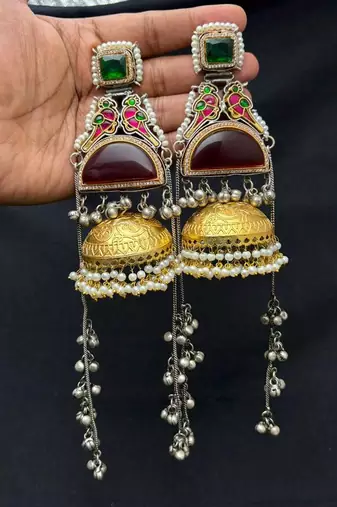 Green Red Meenakari Jhumka Earrings, Dual tone Long Indian Statement Earrings, Peacock Bridal Jewelry