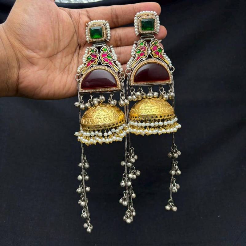 Green Red Meenakari Jhumka Earrings, Dual tone Long Indian Statement Earrings, Peacock Bridal Jewelry