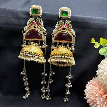 Green Red Meenakari Jhumka Earrings, Dual tone Long Indian Statement Earrings, Peacock Bridal Jewelry 4