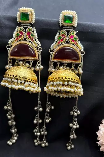 Green Red Meenakari Jhumka Earrings, Dual tone Long Indian Statement Earrings, Peacock Bridal Jewelry