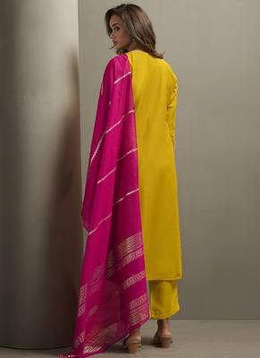 Yellow embroidered cotton blend straight 2