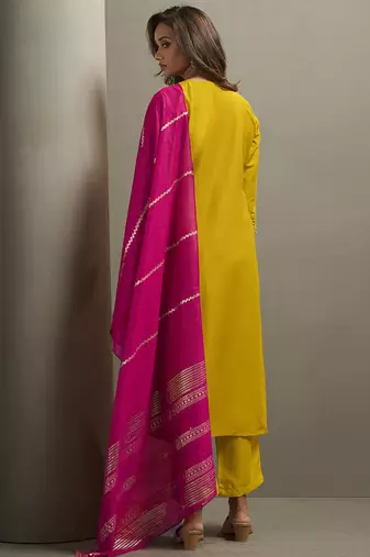 Yellow embroidered cotton blend straight