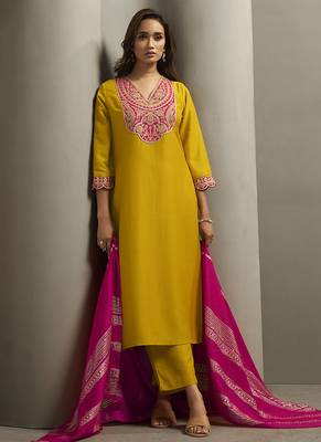 Yellow embroidered cotton blend straight 3