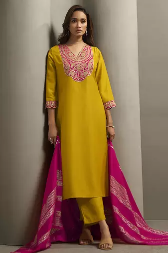 Yellow embroidered cotton blend straight