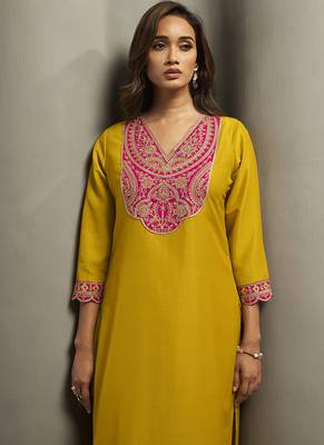 Yellow embroidered cotton blend straight 4