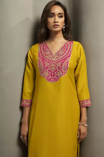 Yellow embroidered cotton blend straight