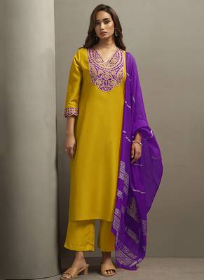 Yellow embroidered cotton blend straight 1
