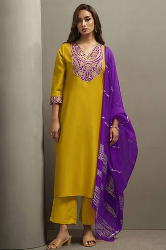 Yellow embroidered cotton blend straight