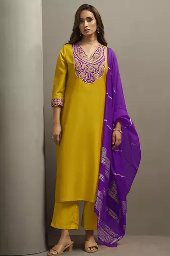 Yellow embroidered cotton blend straight
