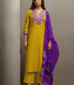 Yellow embroidered cotton blend straight