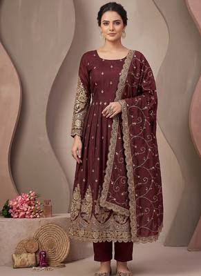 Maroon colour embroidered georgette anarkali suit set with dupatta & pant 3