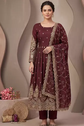 Maroon colour embroidered georgette anarkali suit set with dupatta & pant