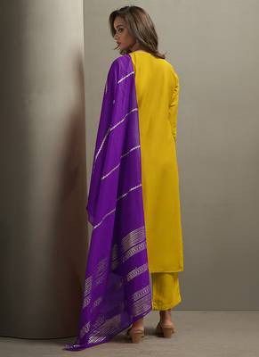Yellow embroidered cotton blend straight 2