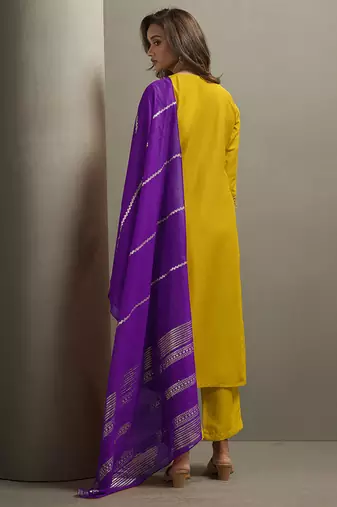 Yellow embroidered cotton blend straight