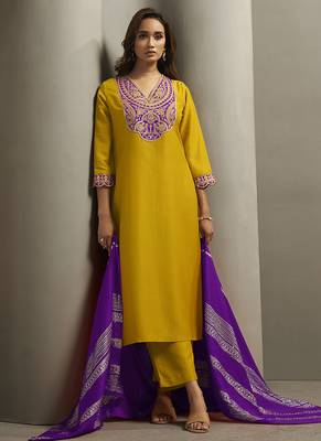 Yellow embroidered cotton blend straight 3
