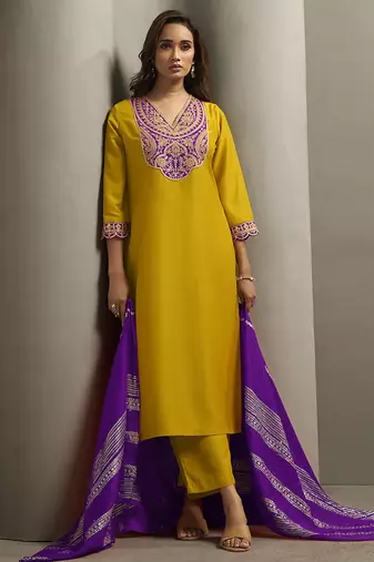 Yellow embroidered cotton blend straight