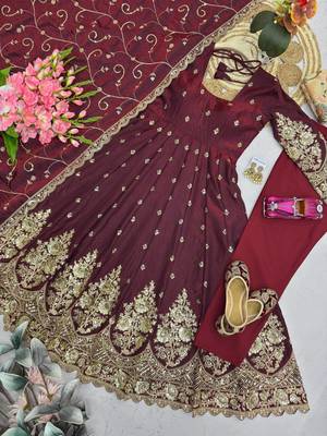 Maroon colour embroidered georgette anarkali suit set with dupatta & pant 4
