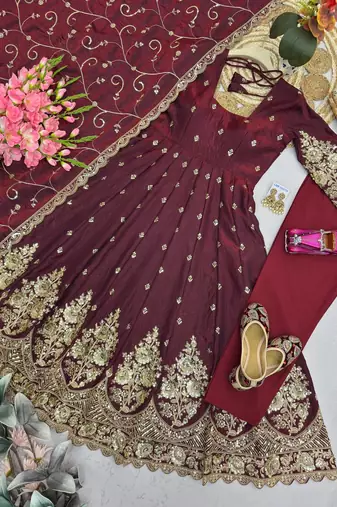 Maroon colour embroidered georgette anarkali suit set with dupatta & pant