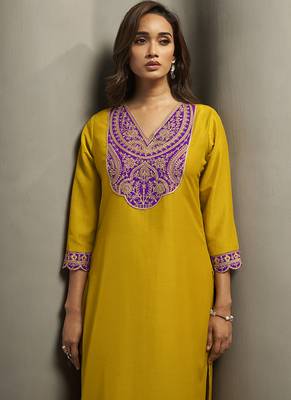 Yellow embroidered cotton blend straight 4