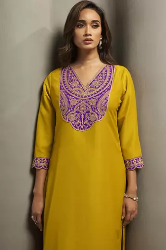 Yellow embroidered cotton blend straight
