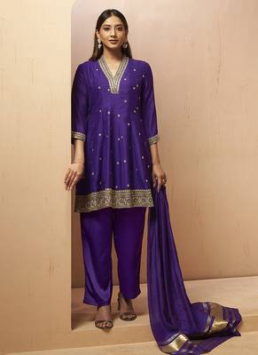Purple embroidered vichitra silk gown 1