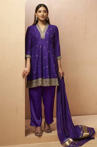 Purple embroidered vichitra silk gown