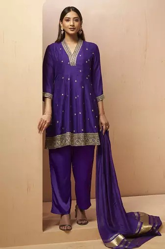 Purple embroidered vichitra silk gown