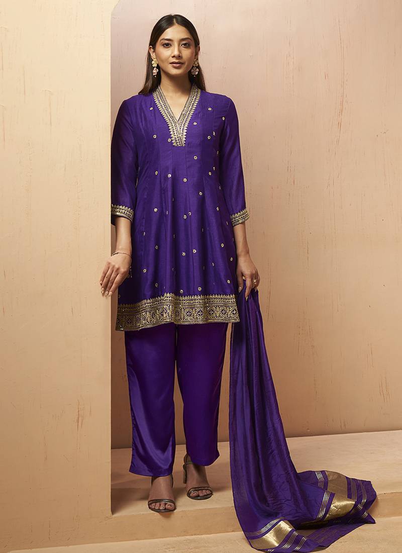 Purple embroidered vichitra silk gown