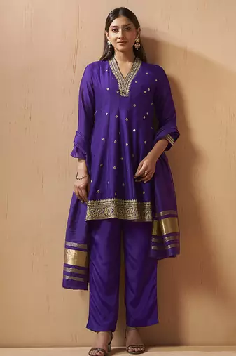 Purple embroidered vichitra silk gown