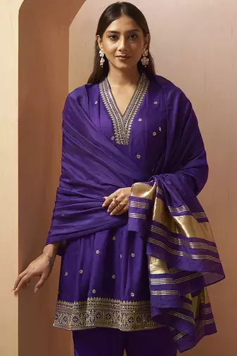 Purple embroidered vichitra silk gown