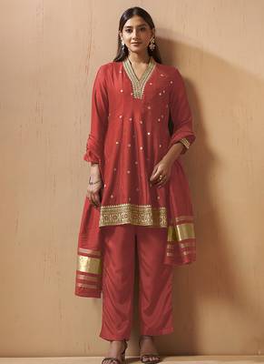 Red embroidered vichitra silk gown 1