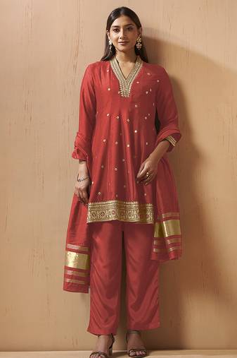 Red embroidered vichitra silk gown