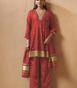 Red embroidered vichitra silk gown