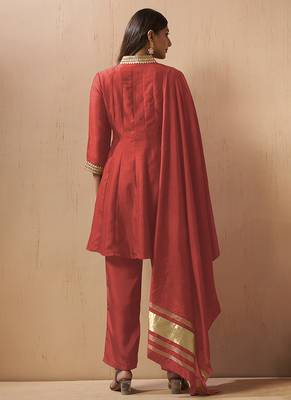 Red embroidered vichitra silk gown 2