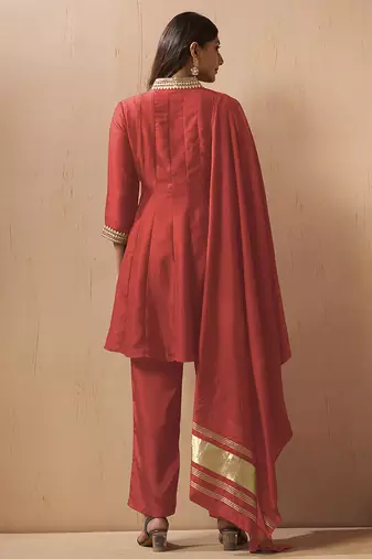 Red embroidered vichitra silk gown