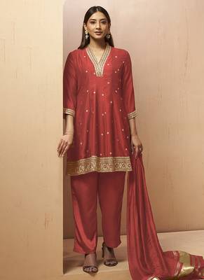 Red embroidered vichitra silk gown 3