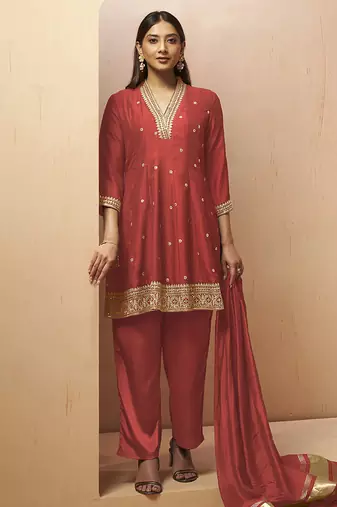 Red embroidered vichitra silk gown