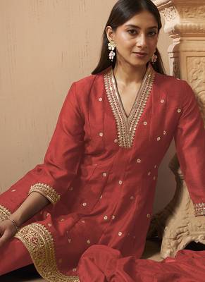 Red embroidered vichitra silk gown 4